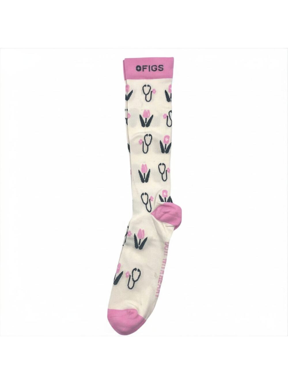 1 Pair FIGS Compression 'Tulips' White & Pink Socks Size XL